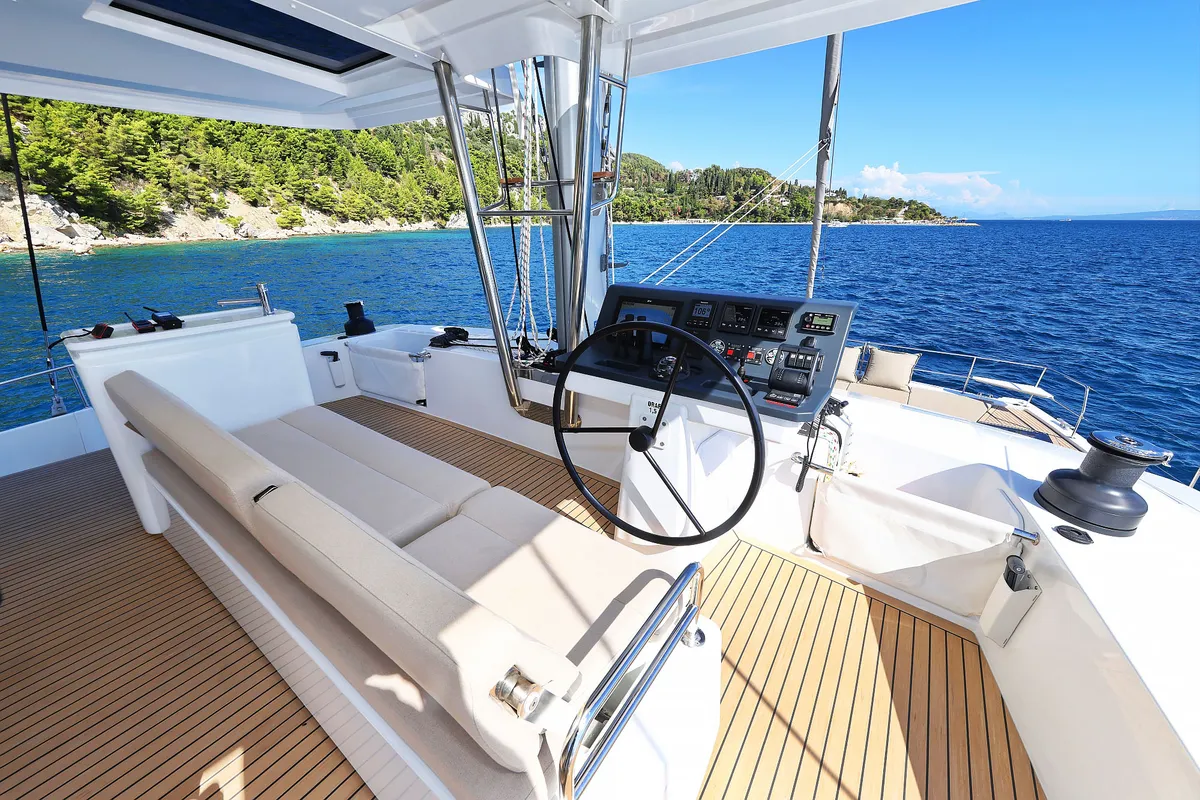 Cockpit of Joie de mer, a Bali 5.8 catamaran at Grad Kaštela, Croatia