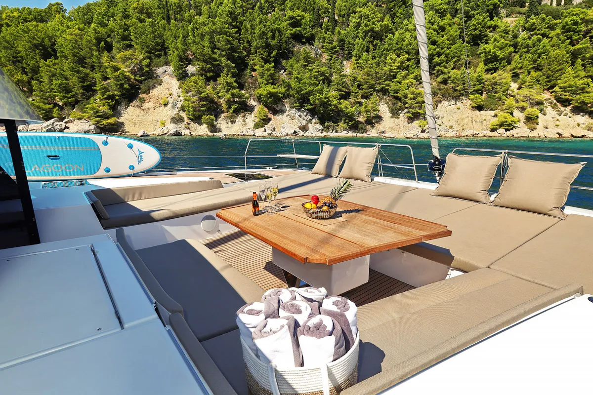 Deck of Joie de mer, a Bali 5.8 catamaran at Grad Kaštela, Croatia