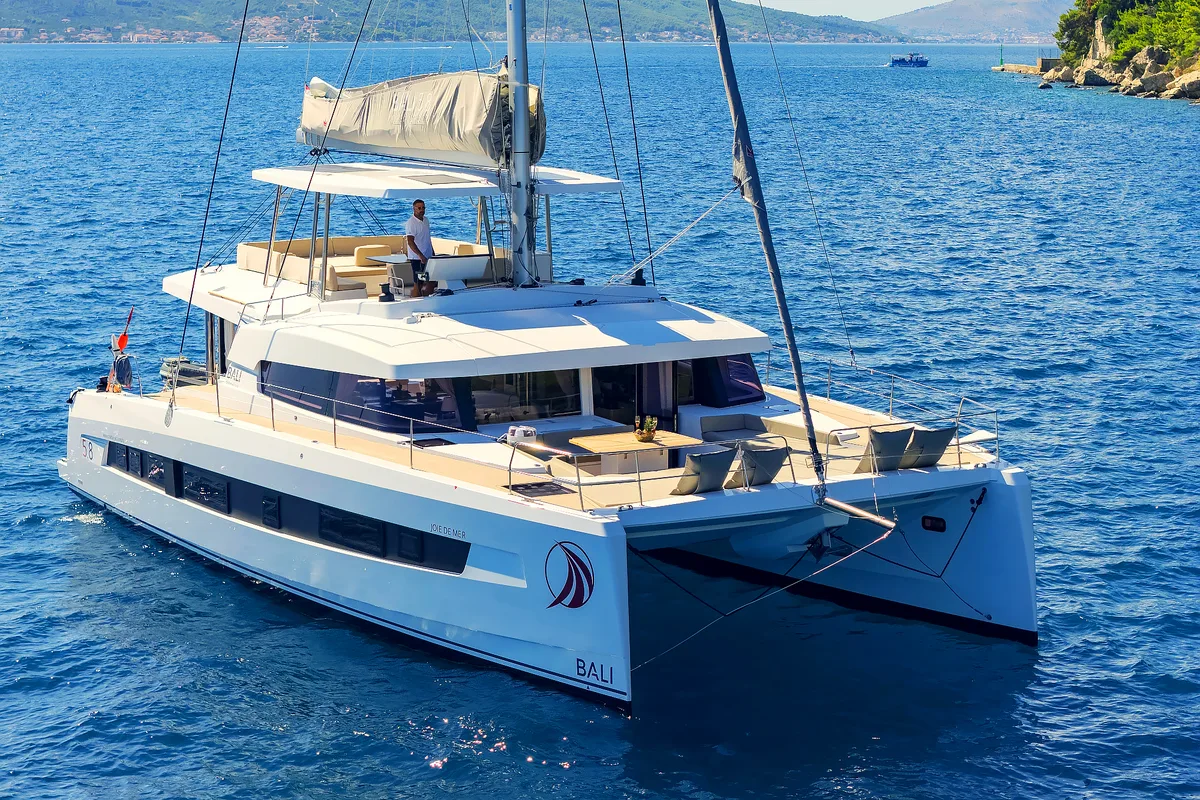 Exterior view of Joie de mer, a Bali 5.8 catamaran at Grad Kaštela, Croatia