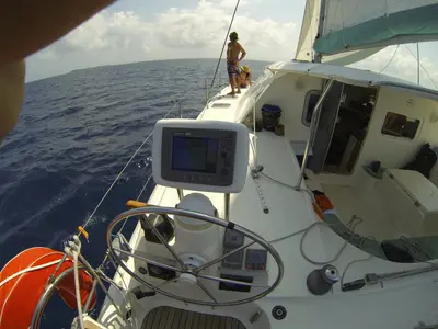 Cockpit of Ti Kay, a Nautitech 40 Open catamaran at Narganá, Panama