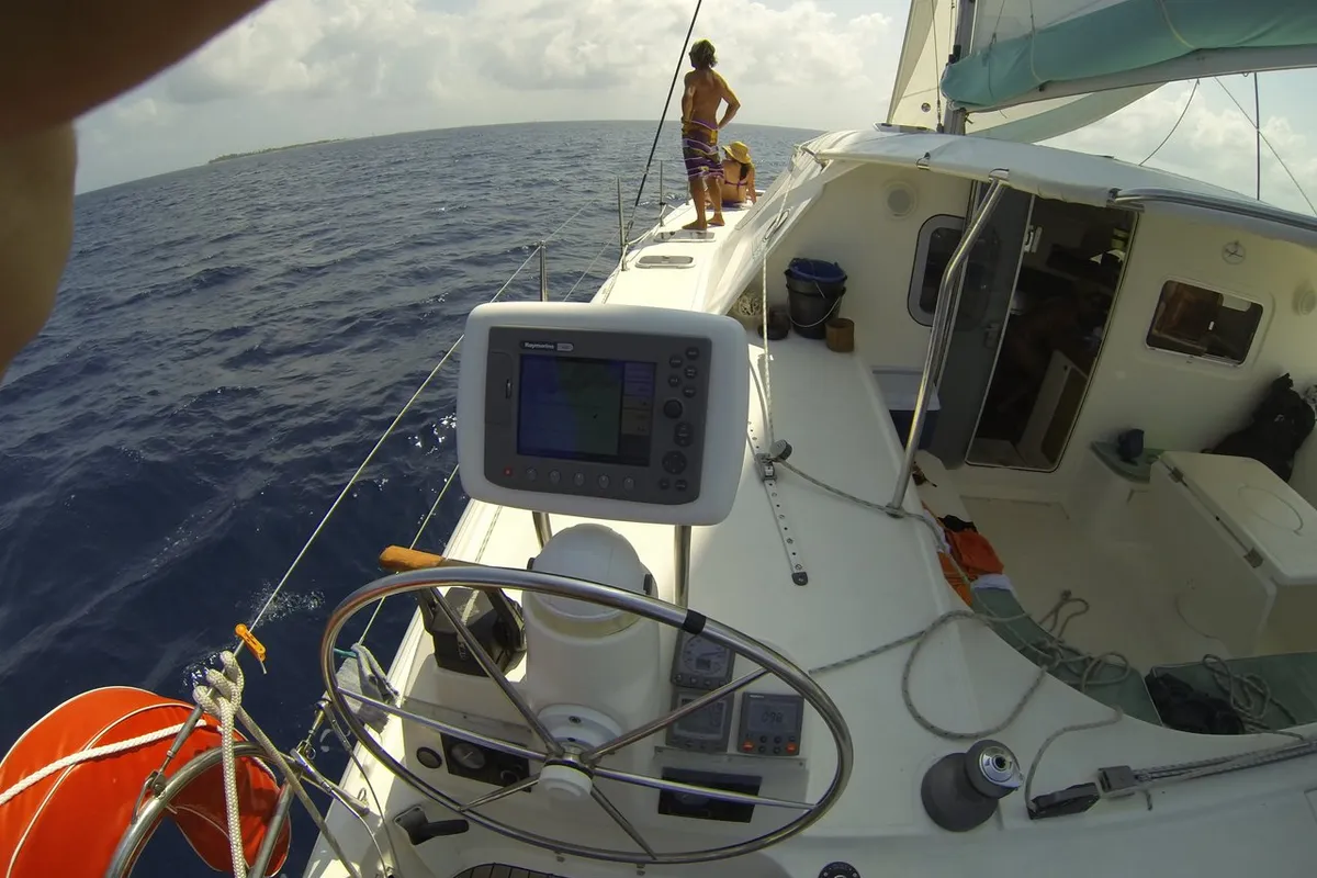 Cockpit of Ti Kay, a Nautitech 40 Open catamaran at Narganá, Panama