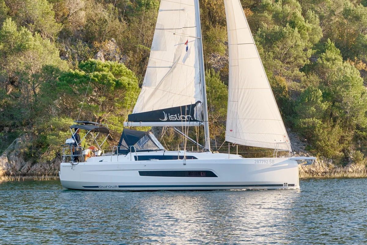 Exterior view of First Laugh, a Dufour 37 sailboat at Skradin, Croatia