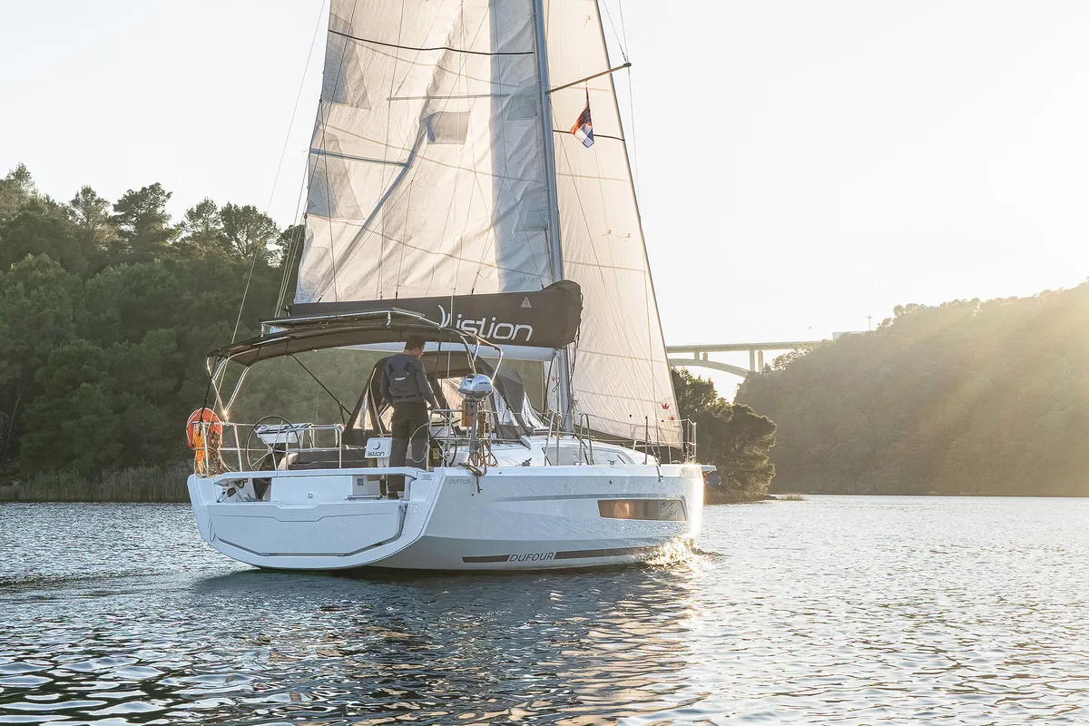Exterior view of First Laugh, a Dufour 37 sailboat at Skradin, Croatia
