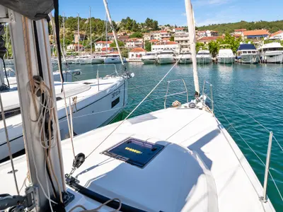 Deck of First Laugh, a Dufour 37 sailboat at Skradin, Croatia