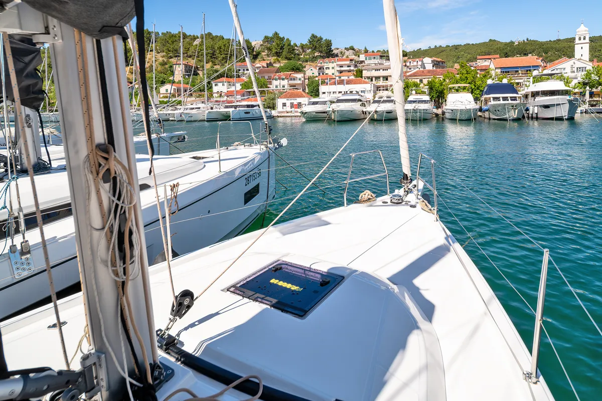 Deck of First Laugh, a Dufour 37 sailboat at Skradin, Croatia