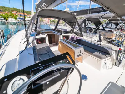 Cockpit of First Laugh, a Dufour 37 sailboat at Skradin, Croatia