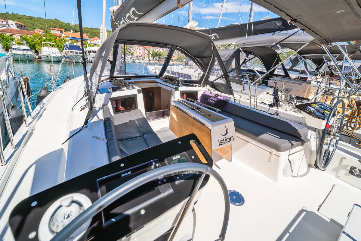 Cockpit of First Laugh, a Dufour 37 sailboat at Skradin, Croatia