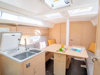 Galley of First Laugh, a Dufour 37 sailboat at Skradin, Croatia
