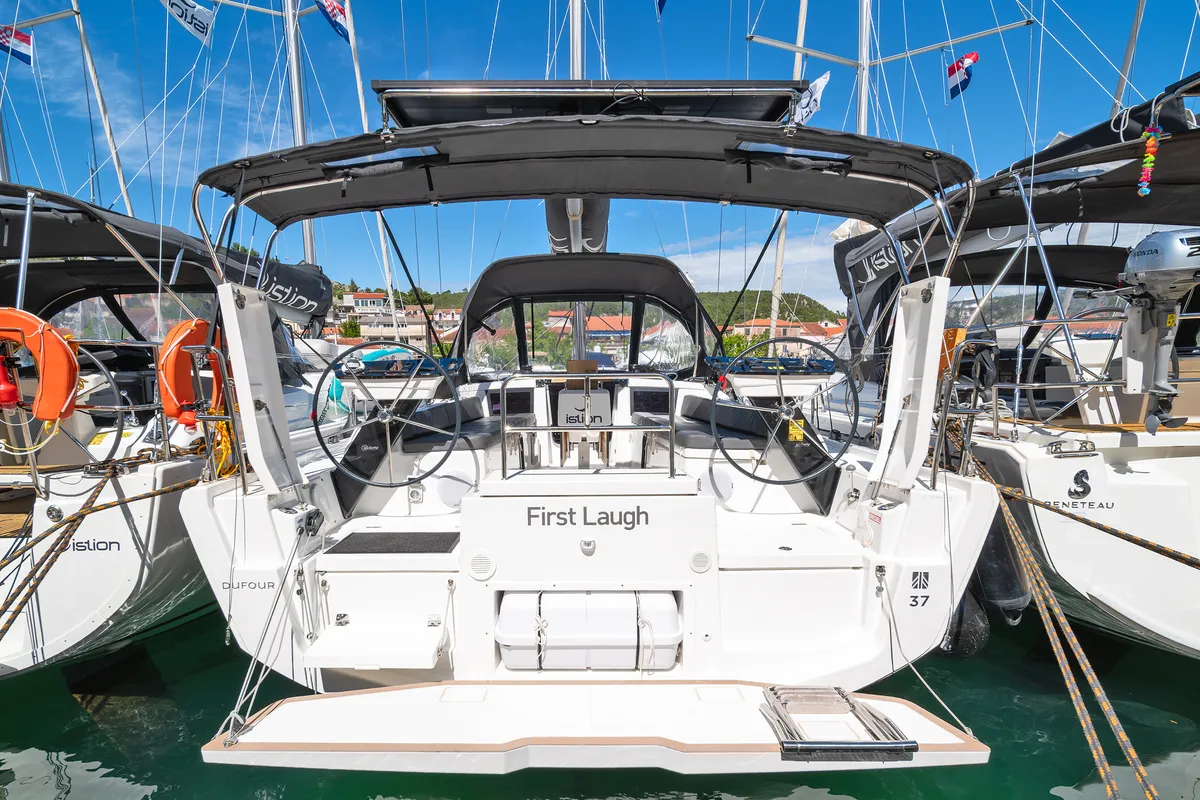 Deck of First Laugh, a Dufour 37 sailboat at Skradin, Croatia