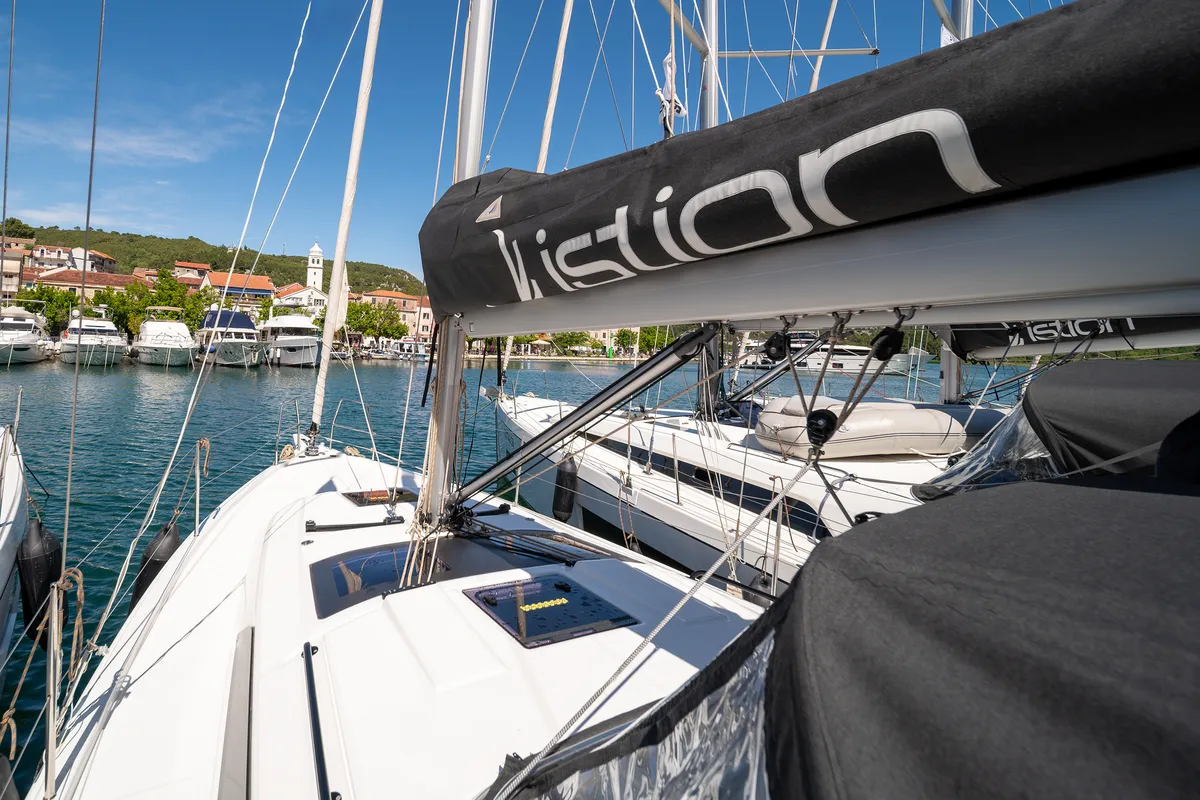 Deck of First Laugh, a Dufour 37 sailboat at Skradin, Croatia