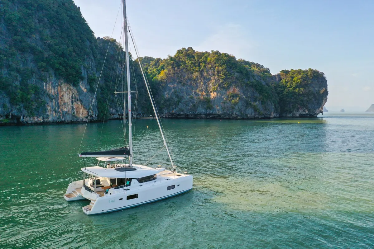 Exterior view of Mario Bros, a Lagoon 42 catamaran at Seget Donji, Croatia