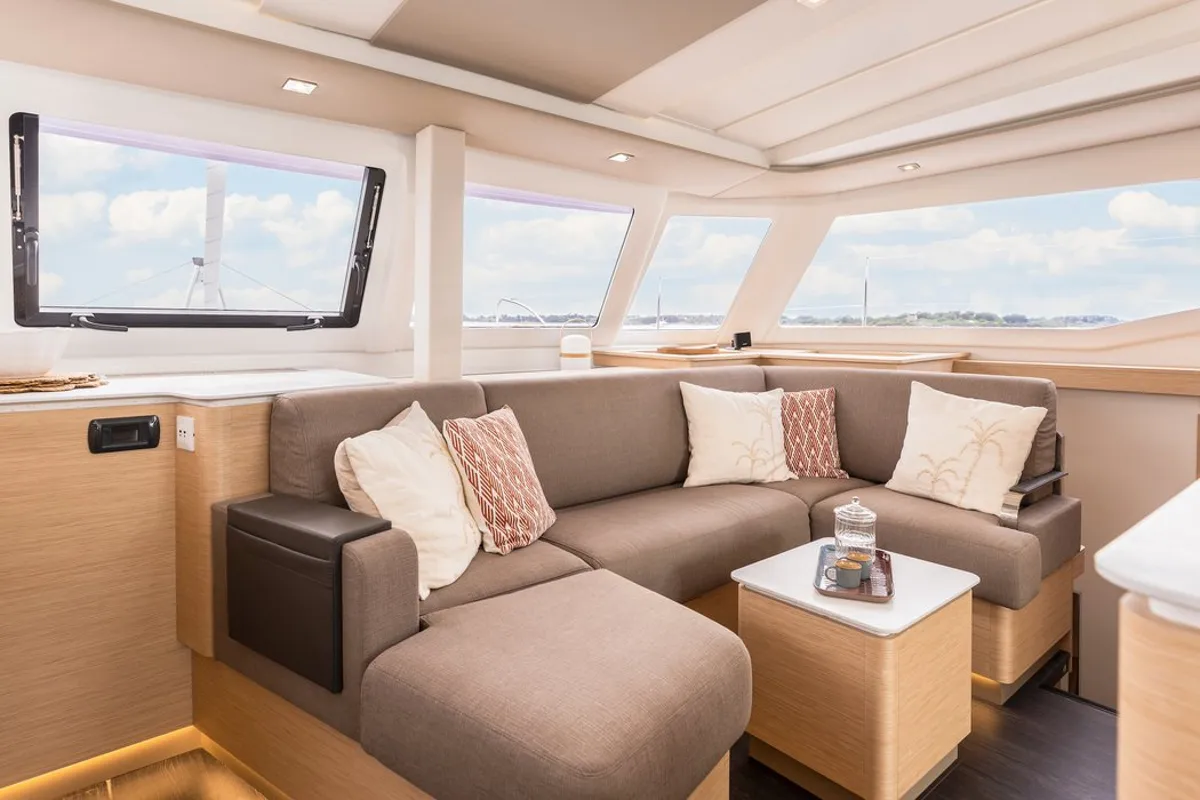Salon of Stefsun, a Fountaine Pajot FP 41 Quatuor 4 catamaran at Ventimiglia, Italy