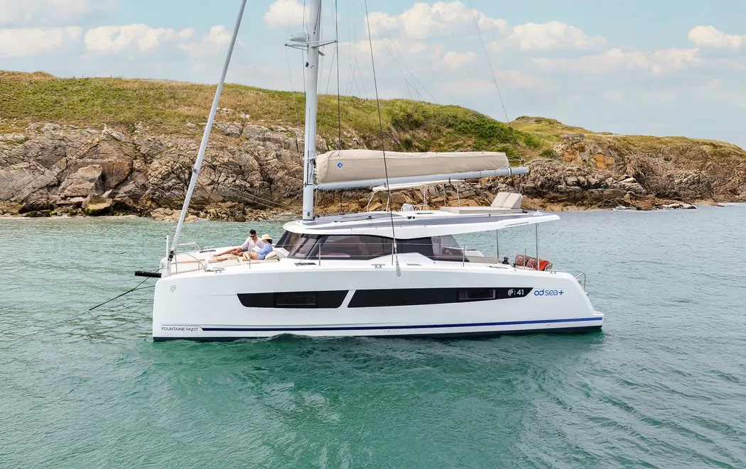 Exterior view of Stefsun, a Fountaine Pajot FP 41 Quatuor 4 catamaran at Ventimiglia, Italy
