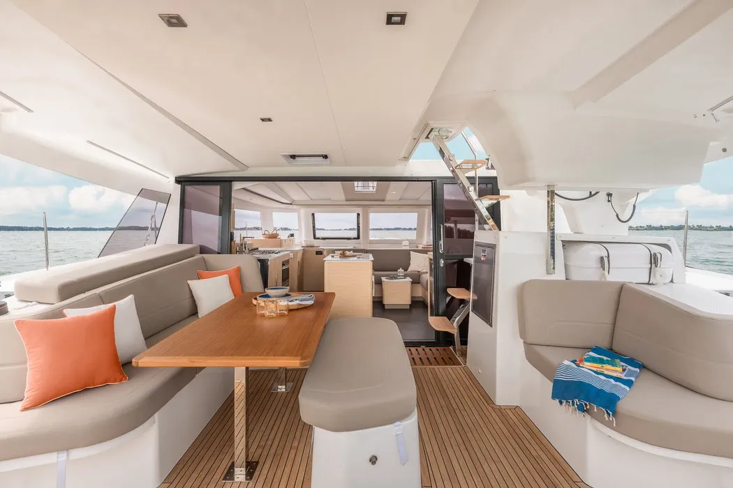 Deck of Stefsun, a Fountaine Pajot FP 41 Quatuor 4 catamaran at Ventimiglia, Italy