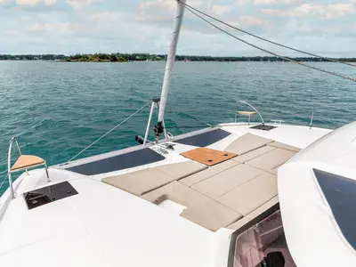 Deck of Stefsun, a Fountaine Pajot FP 41 Quatuor 4 catamaran at Ventimiglia, Italy