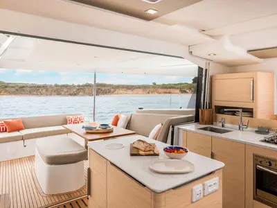 Galley of Stefsun, a Fountaine Pajot FP 41 Quatuor 4 catamaran at Ventimiglia, Italy