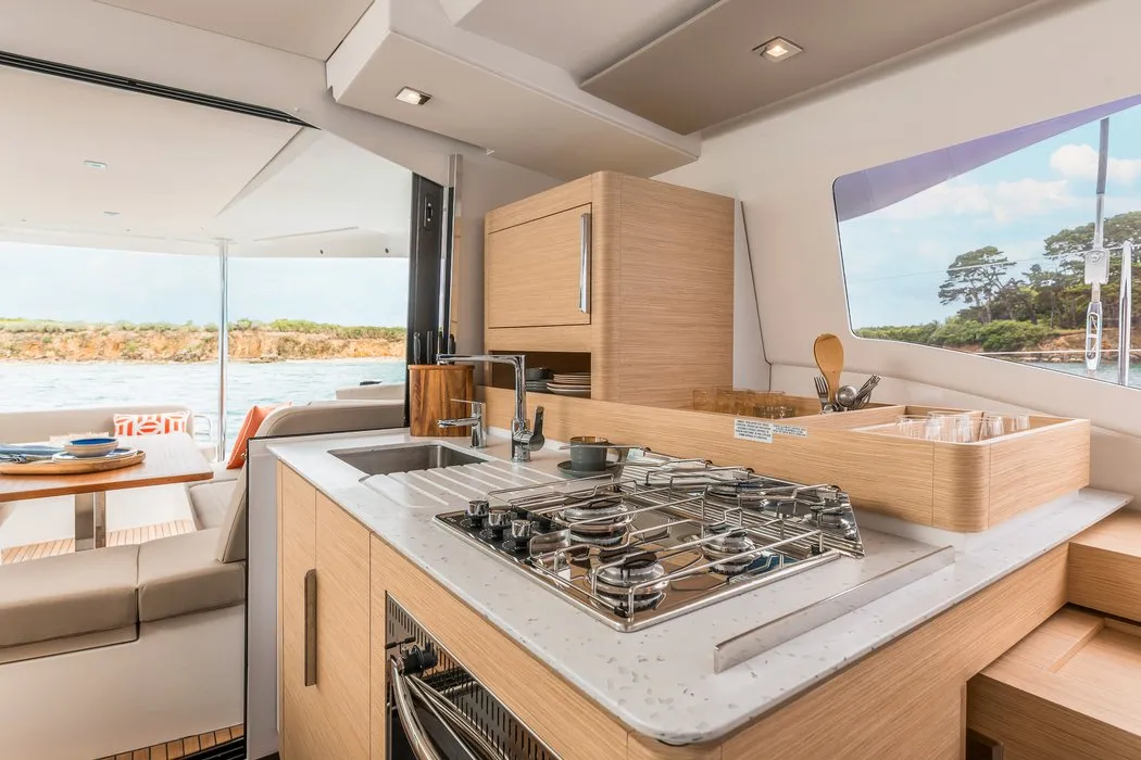 Galley of Stefsun, a Fountaine Pajot FP 41 Quatuor 4 catamaran at Ventimiglia, Italy