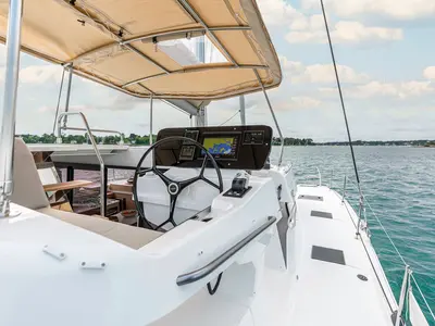 Cockpit of Stefsun, a Fountaine Pajot FP 41 Quatuor 4 catamaran at Ventimiglia, Italy