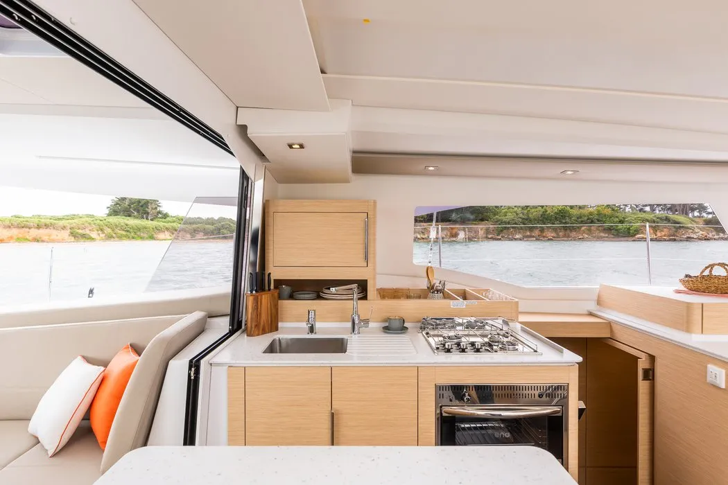 Galley of Stefsun, a Fountaine Pajot FP 41 Quatuor 4 catamaran at Ventimiglia, Italy