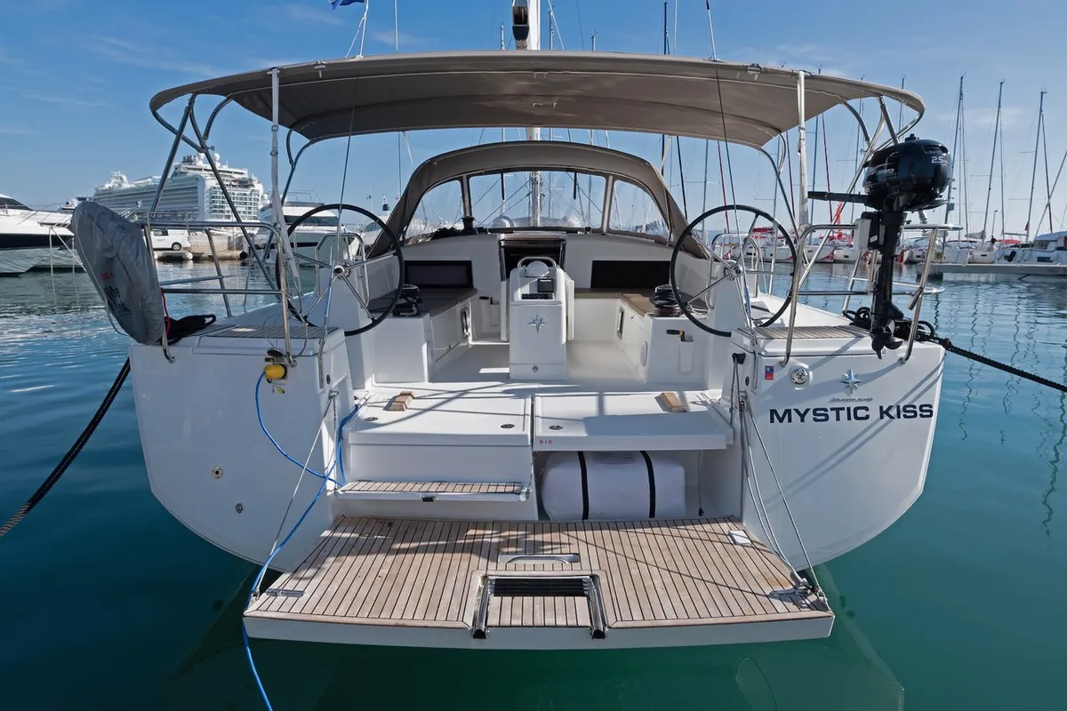 Exterior view of Mystic Kiss, a Jeanneau Sun Odyssey 490 sailboat at Split, Croatia