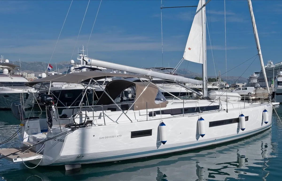 Exterior view of Mystic Kiss, a Jeanneau Sun Odyssey 490 sailboat at Split, Croatia