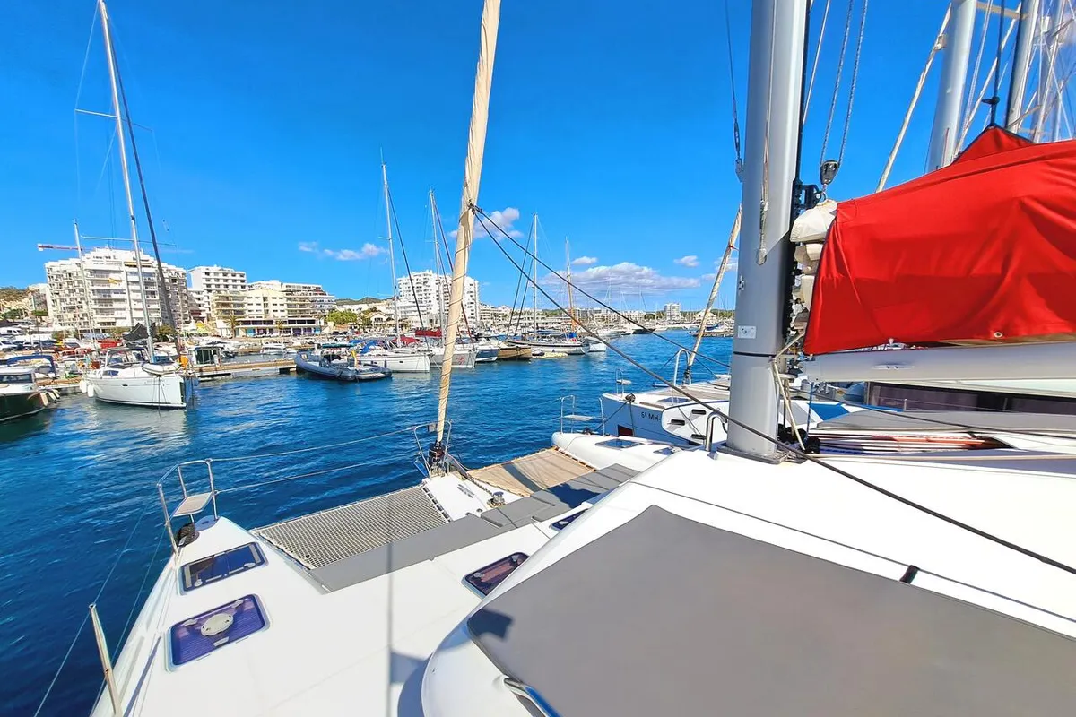 Deck of The Mob, a Lagoon 421 catamaran at Sant Antoni de Portmany, Spain
