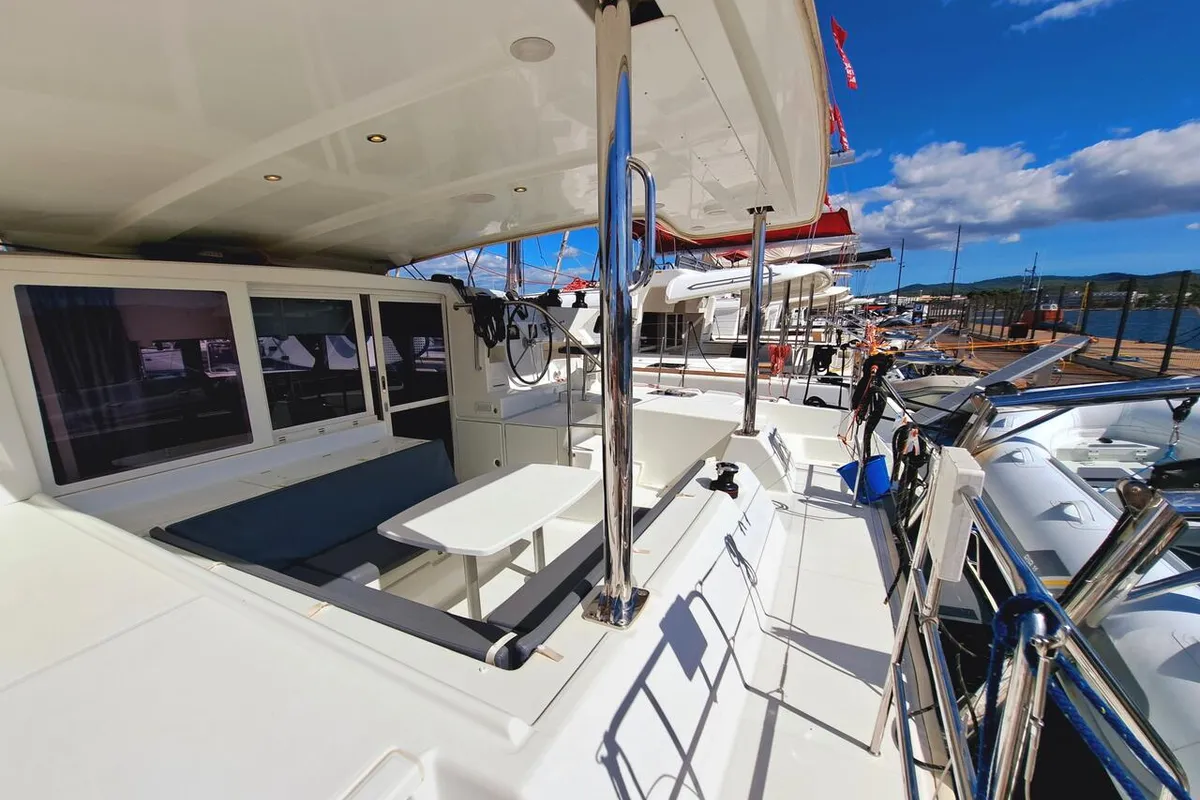 Deck of The Mob, a Lagoon 421 catamaran at Sant Antoni de Portmany, Spain