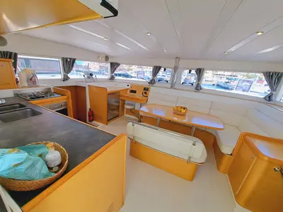Salon of The Mob, a Lagoon 421 catamaran at Sant Antoni de Portmany, Spain