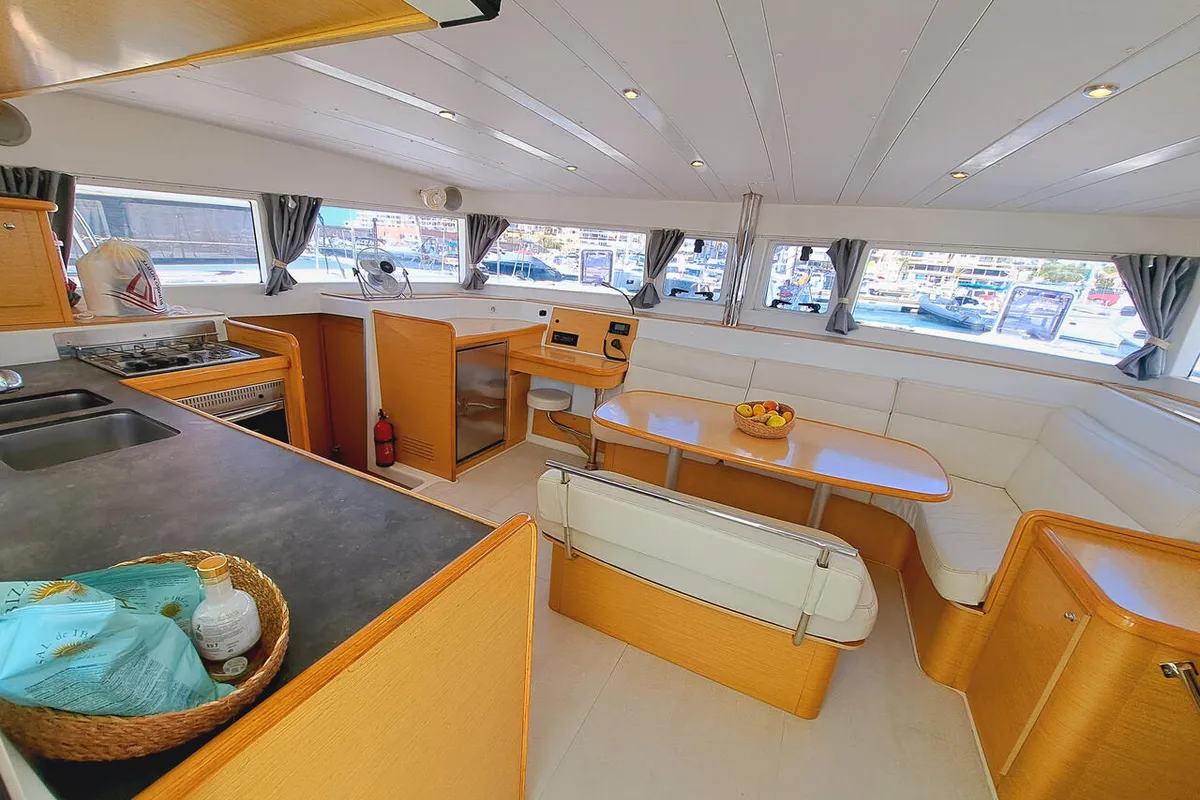 Salon of The Mob, a Lagoon 421 catamaran at Sant Antoni de Portmany, Spain