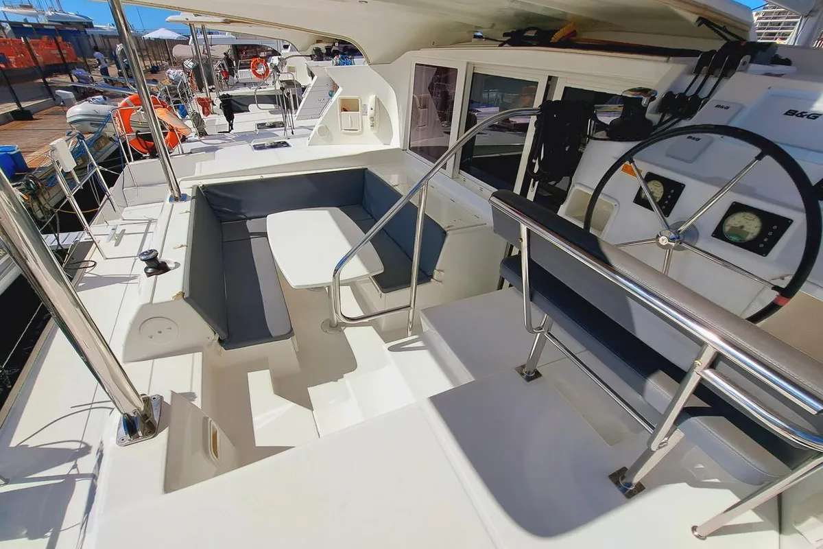 Cockpit of The Mob, a Lagoon 421 catamaran at Sant Antoni de Portmany, Spain