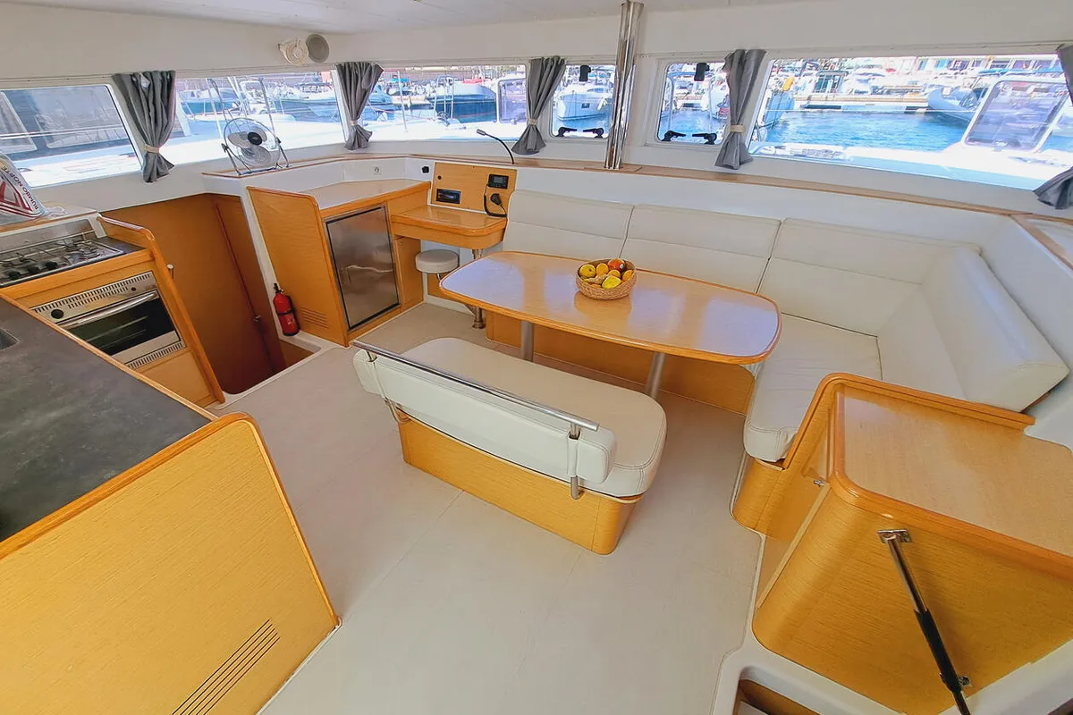 Salon of The Mob, a Lagoon 421 catamaran at Sant Antoni de Portmany, Spain
