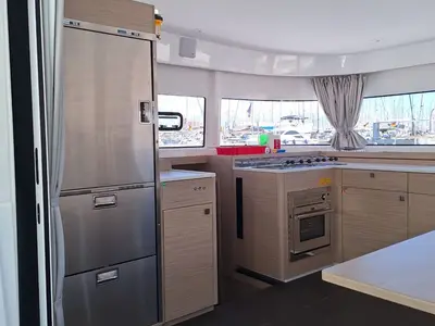 Salon of ALBA J, a Lagoon 43 catamaran at Palma de Mallorca, Spain