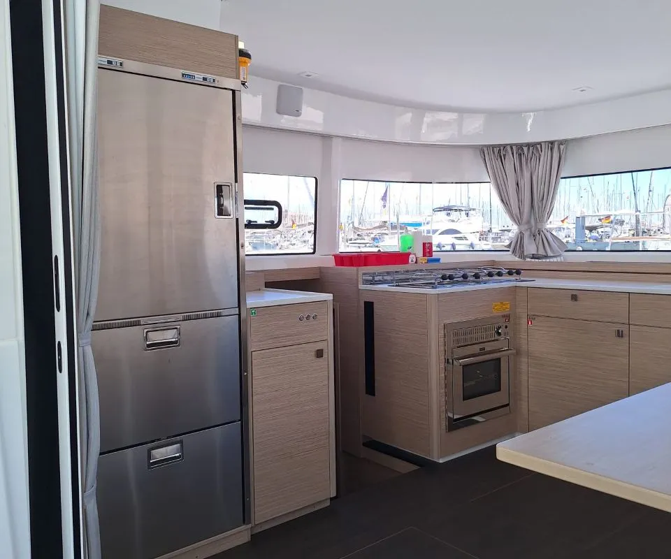 Salon of ALBA J, a Lagoon 43 catamaran at Palma de Mallorca, Spain