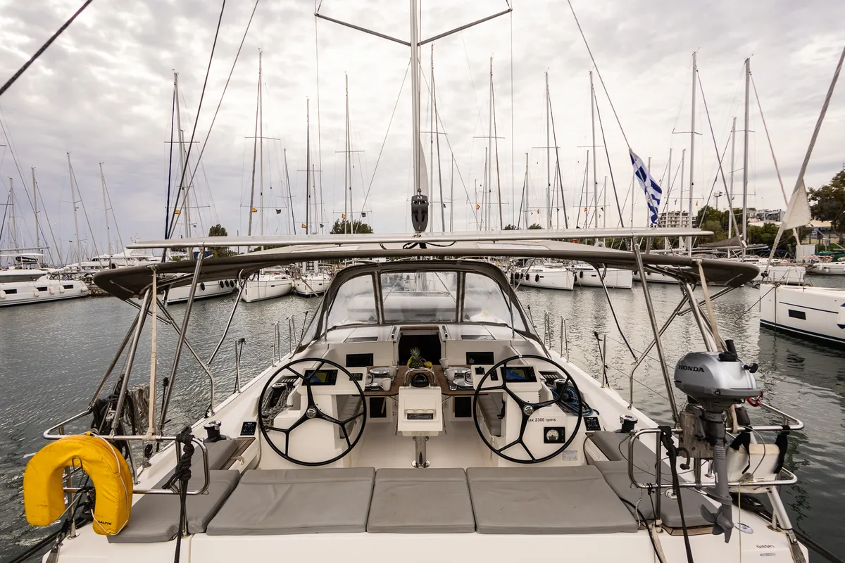 Cockpit of Silver I, a Bavaria C45 sailboat at Municipal Unit of Palairos, Greece