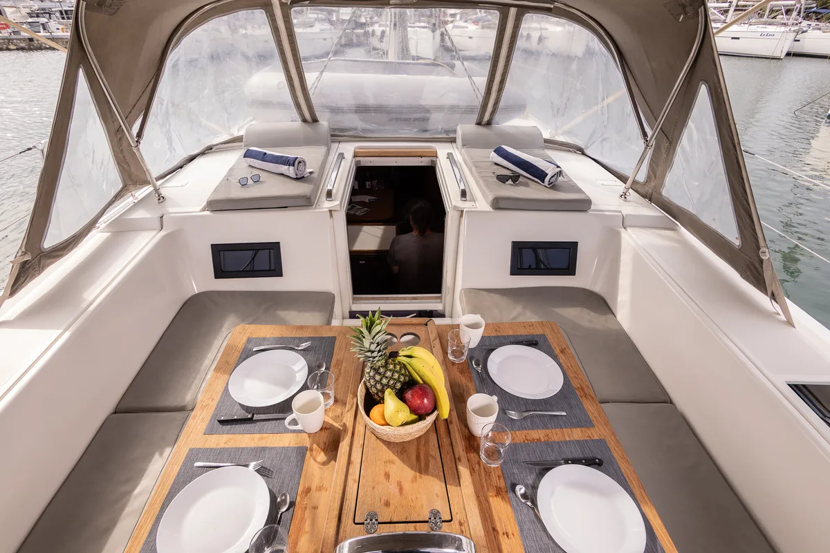 Deck of Silver I, a Bavaria C45 sailboat at Municipal Unit of Palairos, Greece