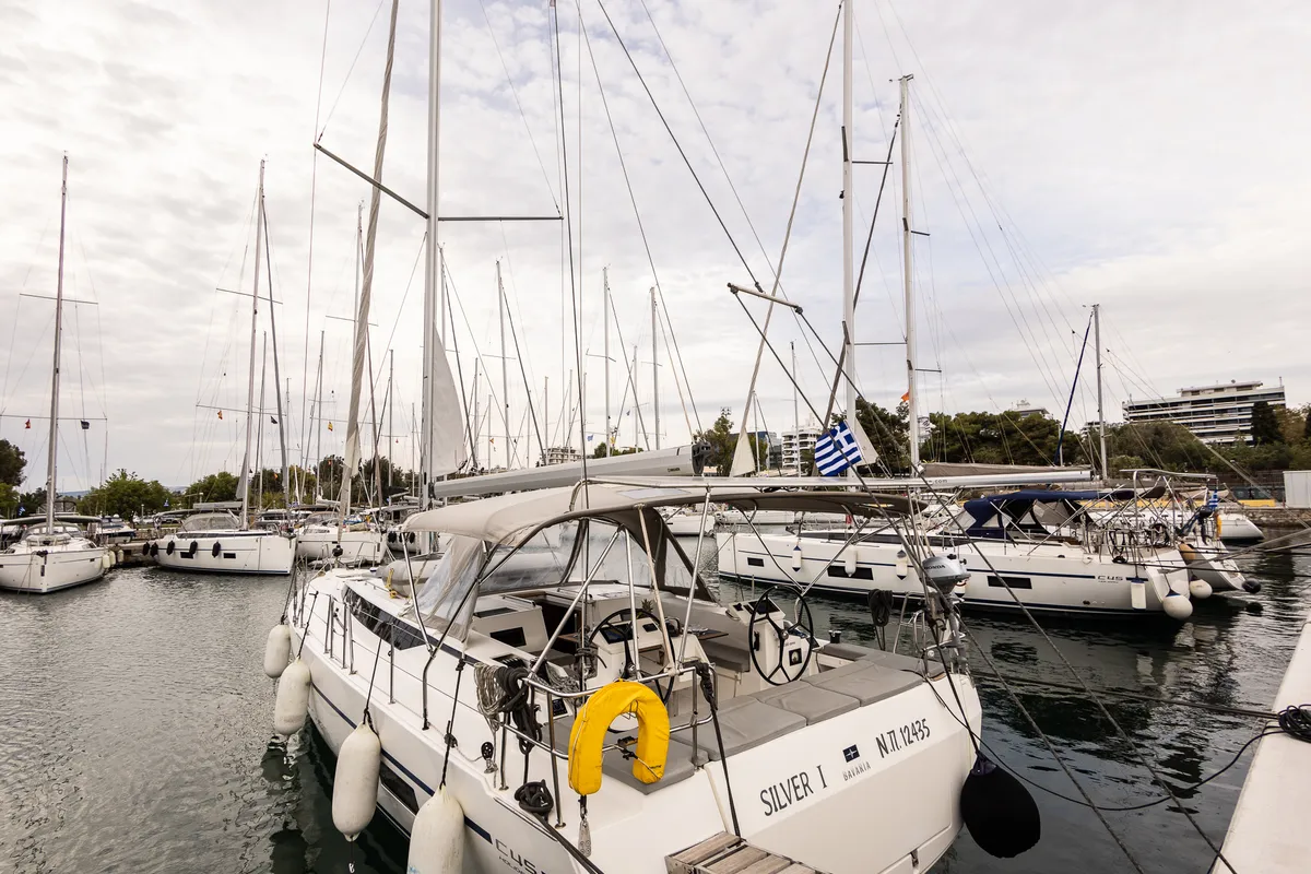 Exterior view of Silver I, a Bavaria C45 sailboat at Municipal Unit of Palairos, Greece
