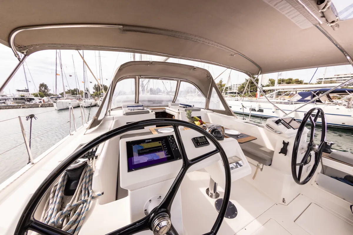 Cockpit of Silver I, a Bavaria C45 sailboat at Municipal Unit of Palairos, Greece