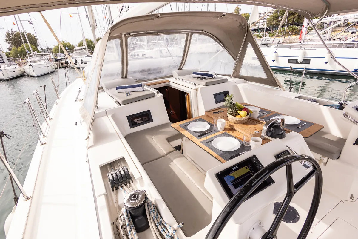 Deck of Silver I, a Bavaria C45 sailboat at Municipal Unit of Palairos, Greece