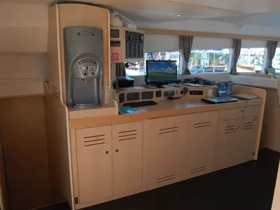Cockpit of Bacchus, a Catlante 600 catamaran at Roche Caiman, Seychelles