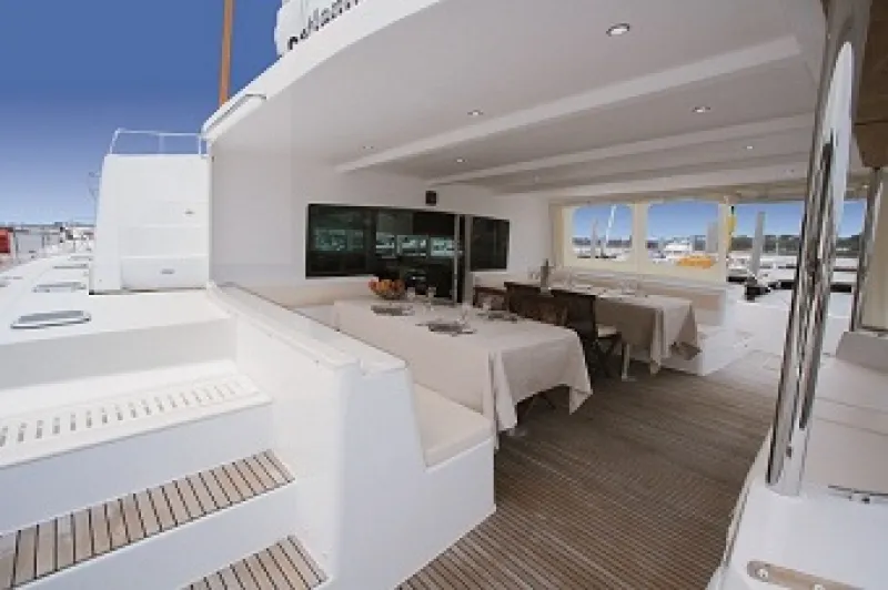 Deck of Bacchus, a Catlante 600 catamaran at Roche Caiman, Seychelles