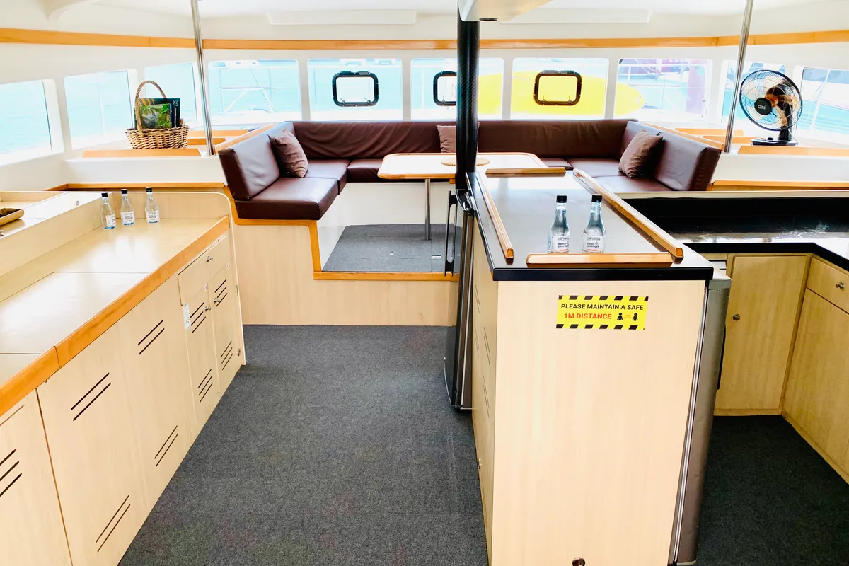 Galley of Bacchus, a Catlante 600 catamaran at Roche Caiman, Seychelles
