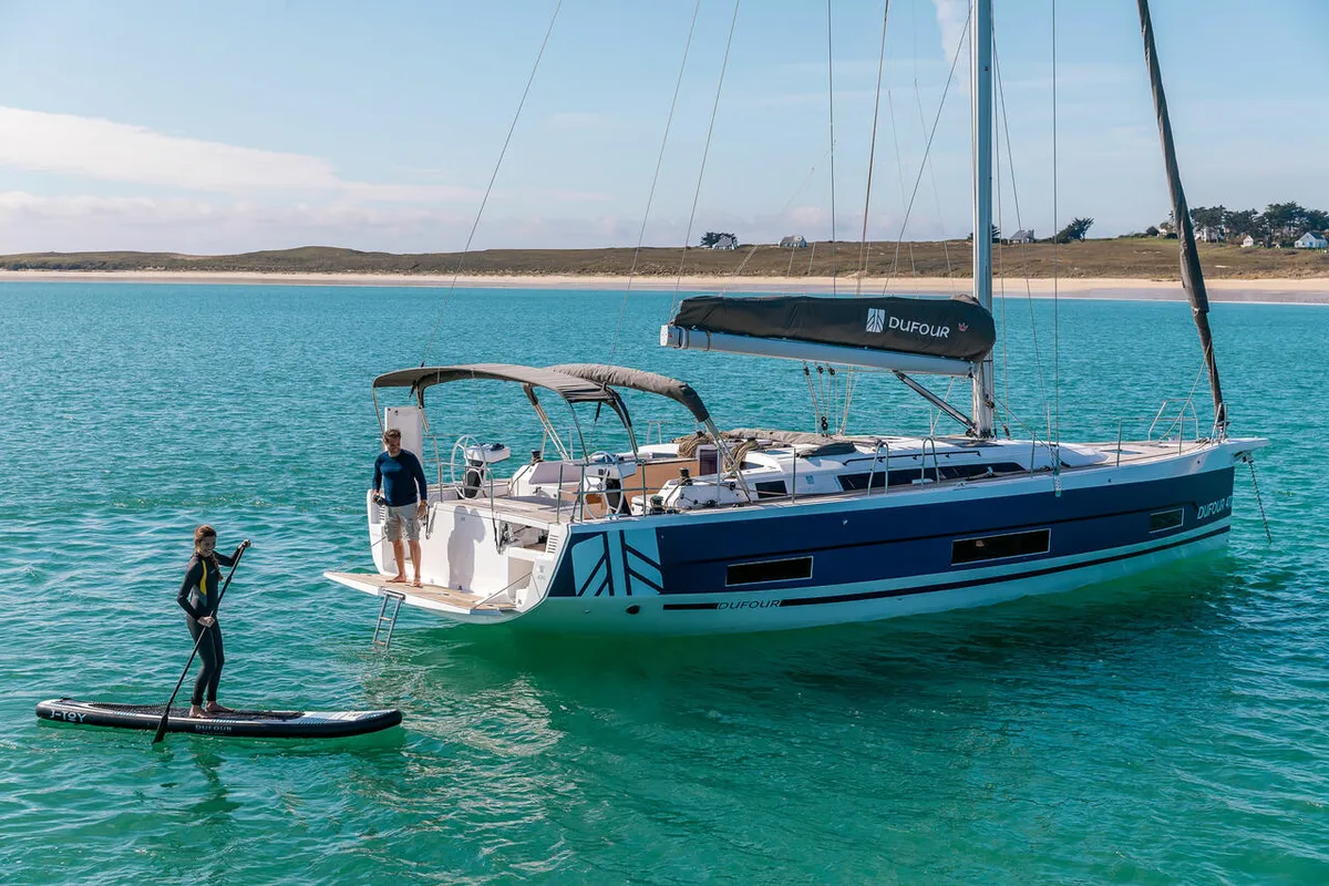 Exterior view of Reventador 2, a Dufour 470 sailboat at Road Town, British Virgin Islands