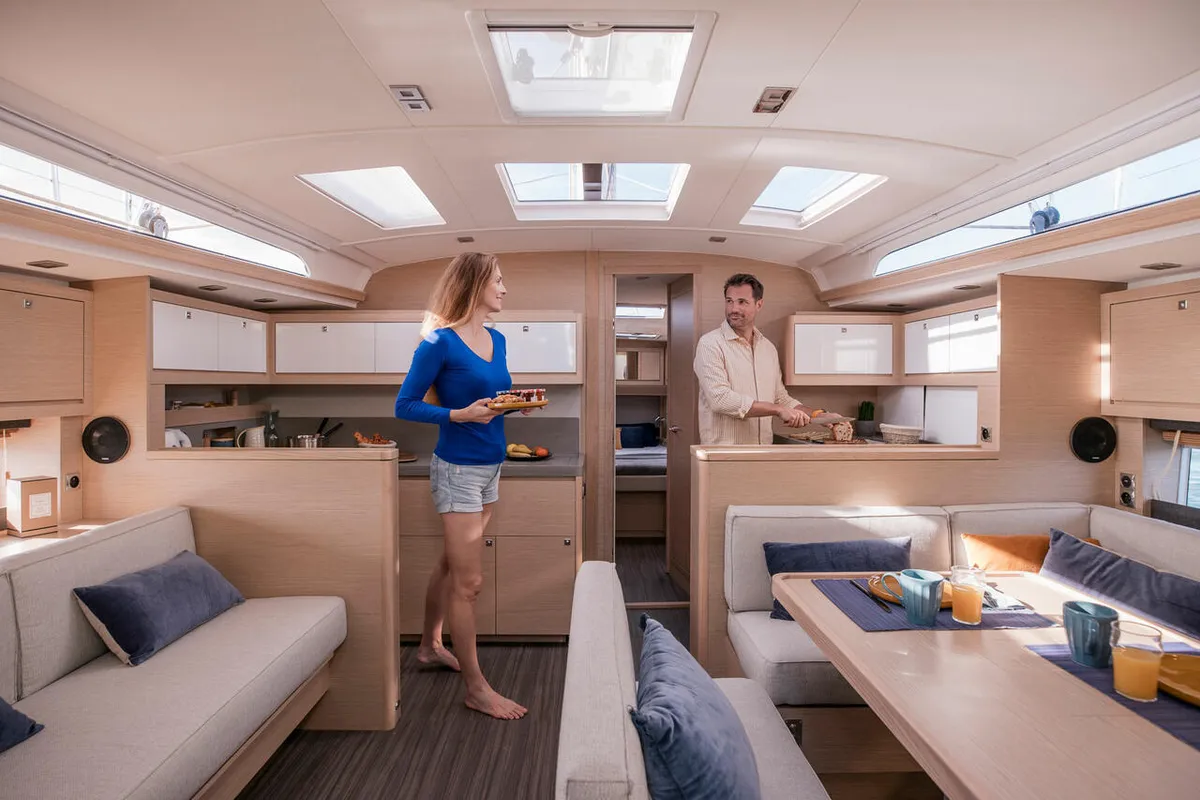 Salon of Reventador 2, a Dufour 470 sailboat at Road Town, British Virgin Islands