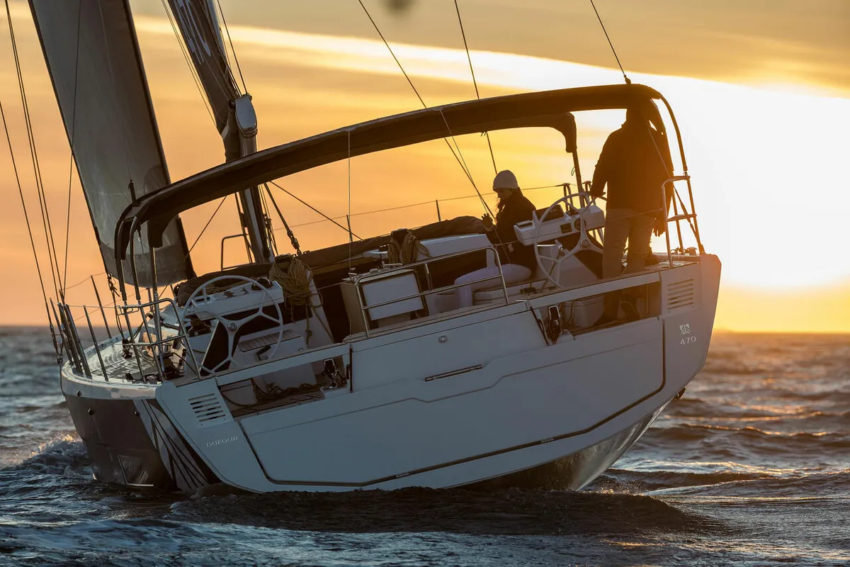 Exterior view of Reventador 2, a Dufour 470 sailboat at Road Town, British Virgin Islands