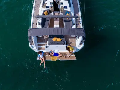 Deck of Reventador 2, a Dufour 470 sailboat at Road Town, British Virgin Islands