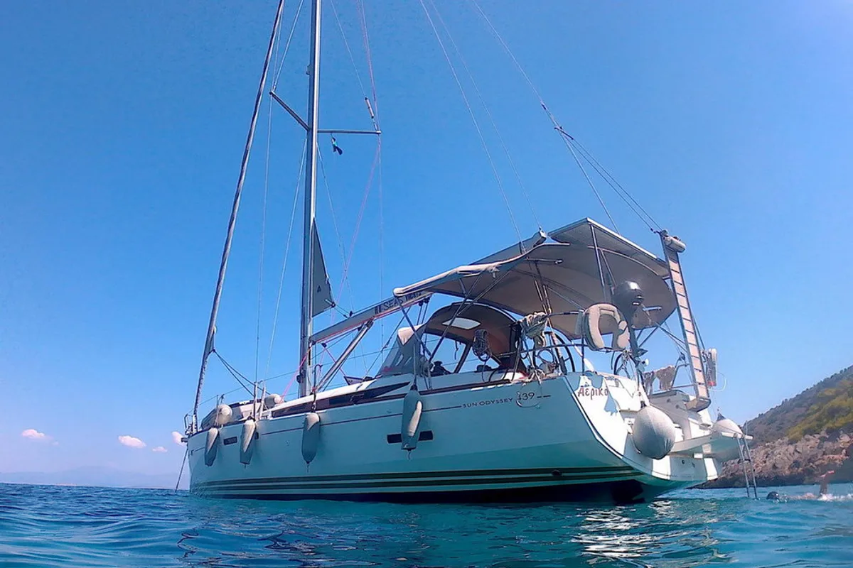Exterior view of Aeriko, a Jeanneau Sun Odyssey 439 sailboat at Athens, Greece