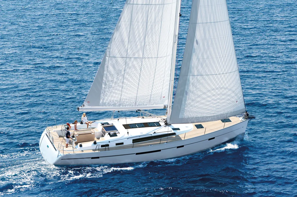 Exterior view of Kallirrhoe, a Bavaria Cruiser 56 sailboat at Lavrion, Greece