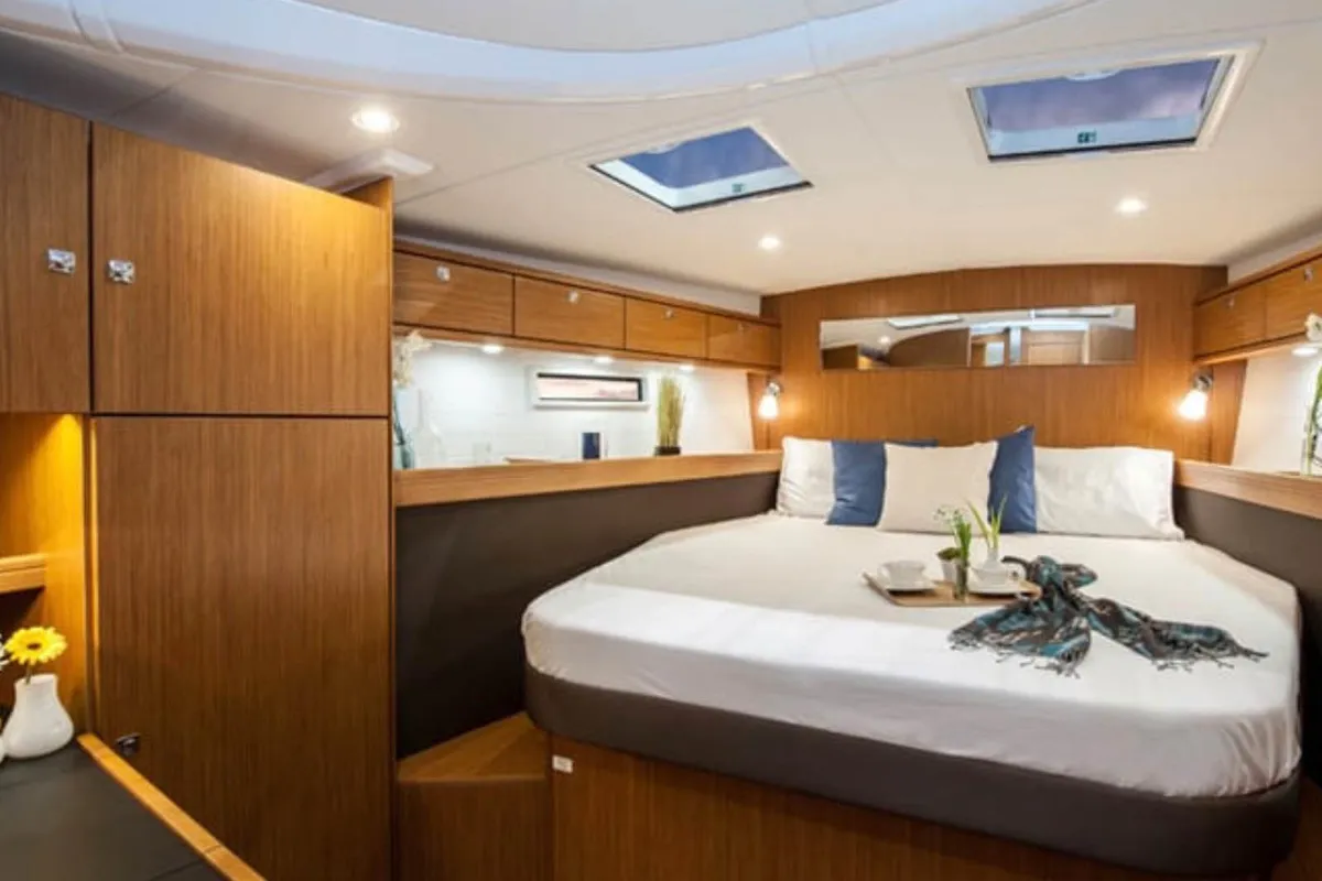 Cabin on Kallirrhoe, a Bavaria Cruiser 56 sailboat at Lavrion, Greece