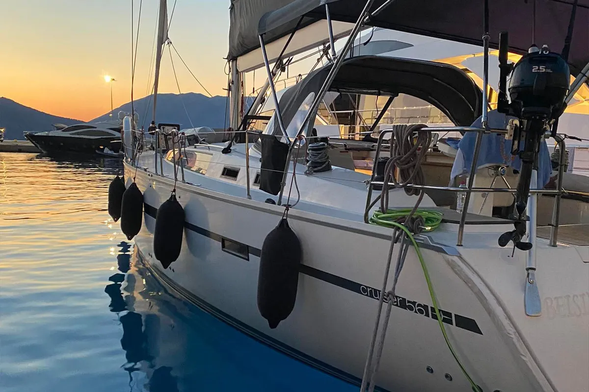 Exterior view of Kallirrhoe, a Bavaria Cruiser 56 sailboat at Lavrion, Greece