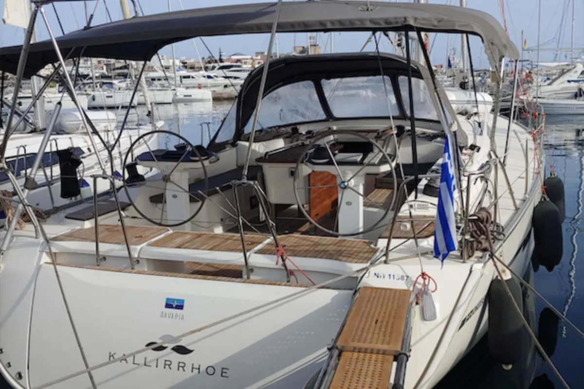Exterior view of Kallirrhoe, a Bavaria Cruiser 56 sailboat at Lavrion, Greece
